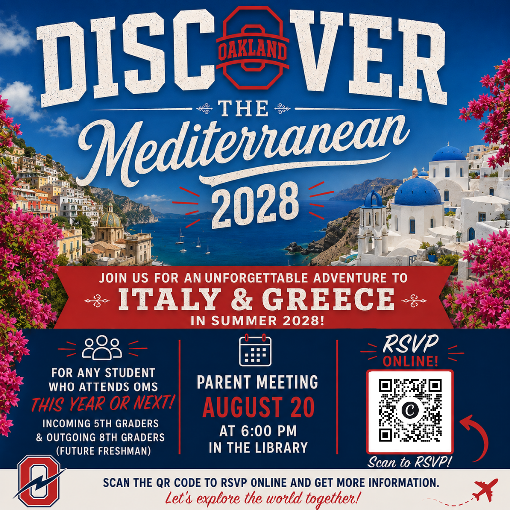 A poster advertises a summer 2028 trip to Italy and Greece. It includes a QR code, RSVP details, and a parent meeting date.