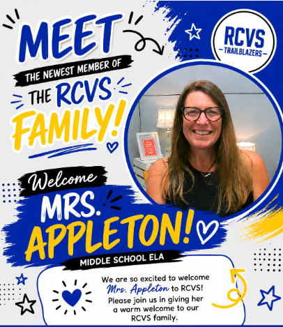 A poster with a smiling woman in glasses introduces her as a new family member at RCVs.