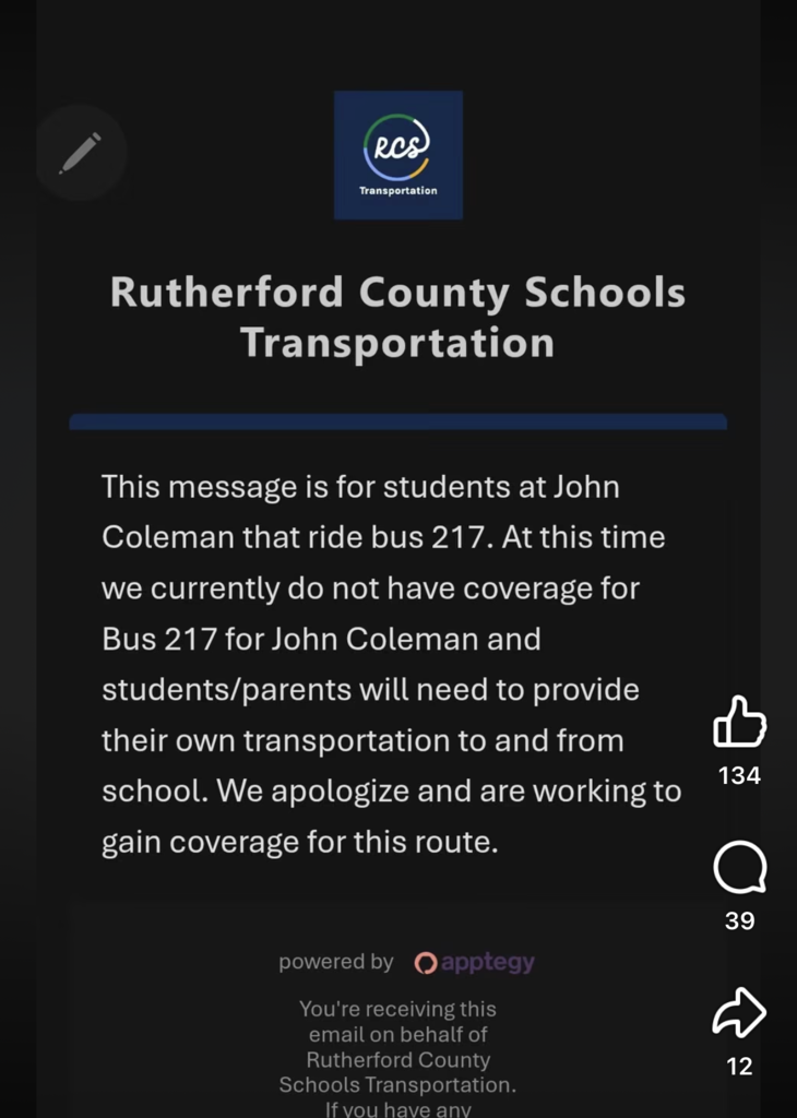 A black screen displays a text message from Rutherford County Schools Transportation. The message informs John Coleman students on bus 217 that coverage is currently unavailable.