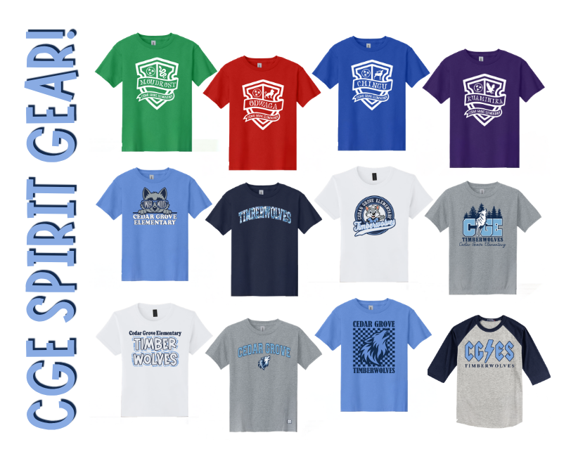 Multiple shirts with different colors and designs, labeled "CGE Spirit Gear" on a white background.