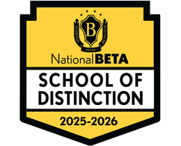 national beta club emblem with school of distinction banner.  background color is yellow outlined in black