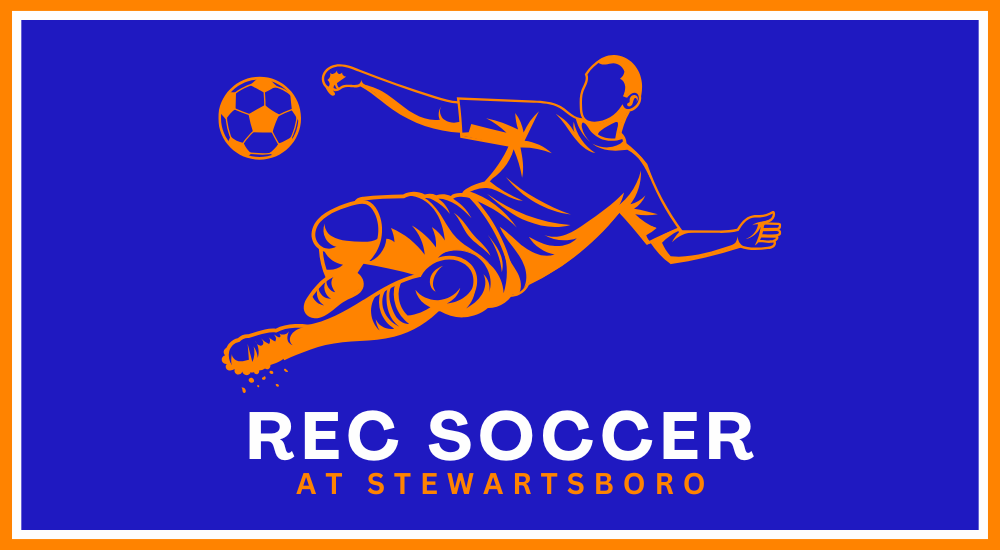 Logo for Rec Soccer at Stewartsboro, featuring a soccer player kicking a ball against a blue background.