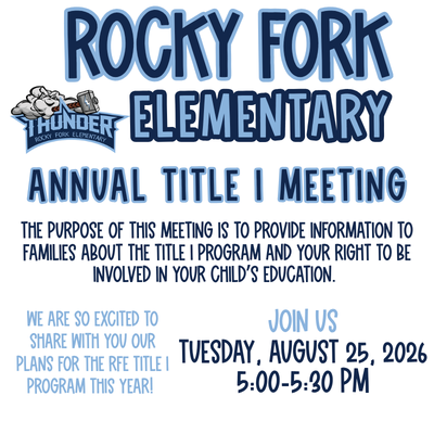 Please join us for our Annual Title I Meeting on Thursday, August 25 at 5:00pm! The purpose of this meeting is to provide information to families about the Title I program and your right to be involved in your child's education. 