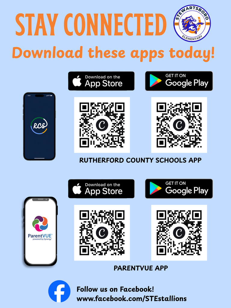Poster with blue background advertising apps for Rutherford County Schools and ParentVue. QR codes for App Store and Google Play.