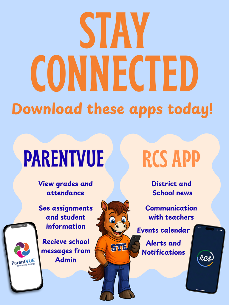 A poster with blue background shows an illustration of a horse holding a phone. Two apps are shown, ParentVue and RCS App, with icons.