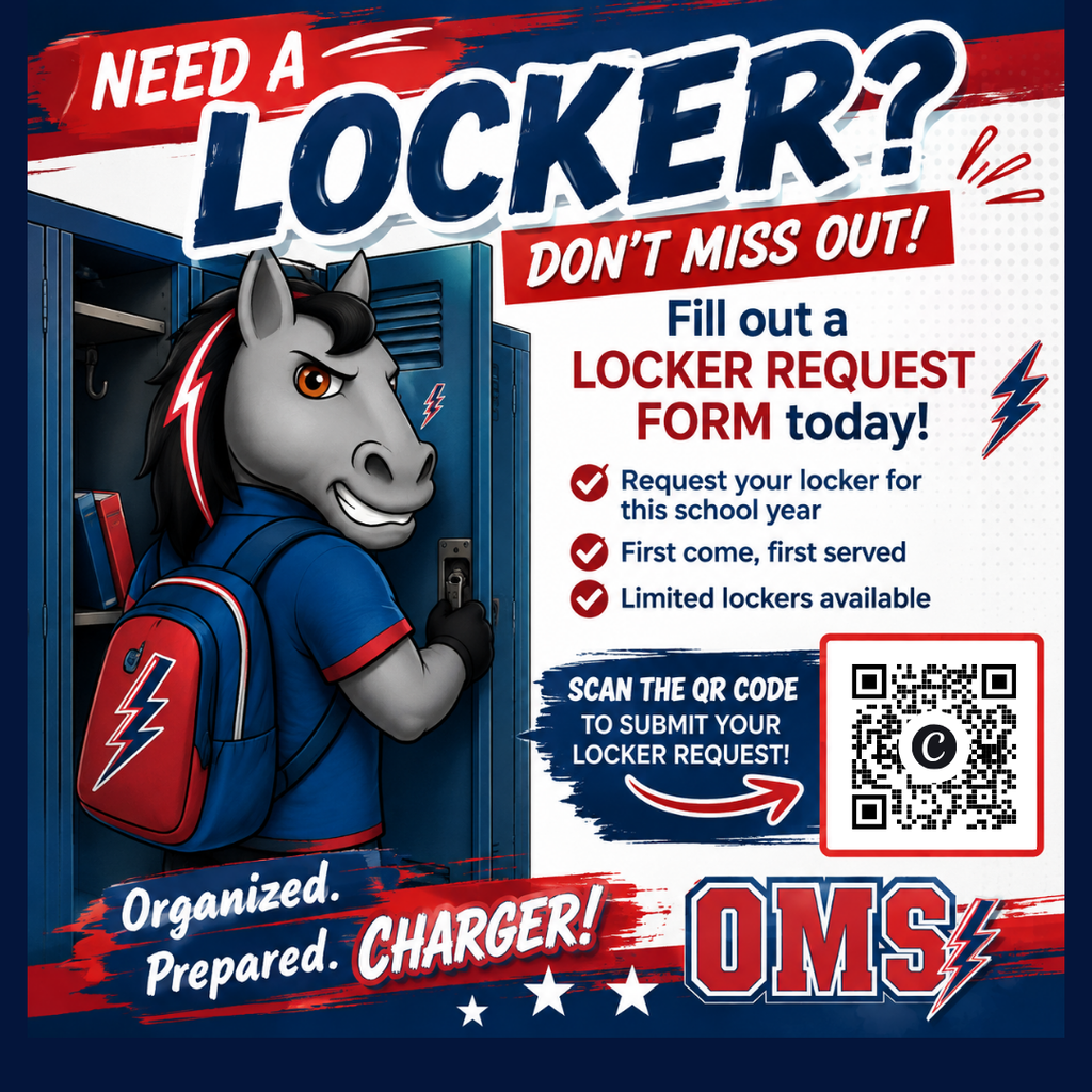 Poster with a horse mascot holding a locker key. Text reads "Need a Locker? Don't Miss Out!" QR code and locker request form available.