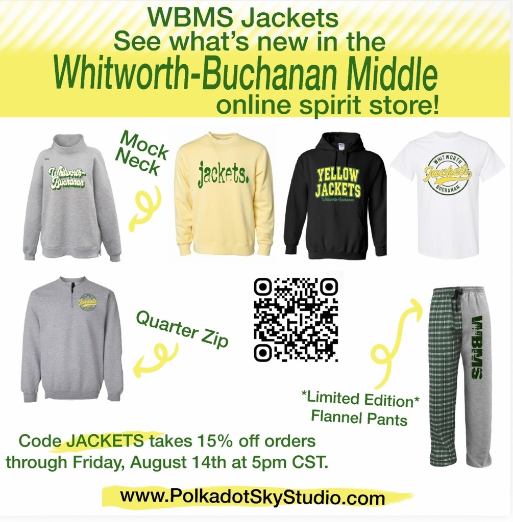 Promotional graphic with WBMS jackets, pants, and t-shirts. A QR code is present.