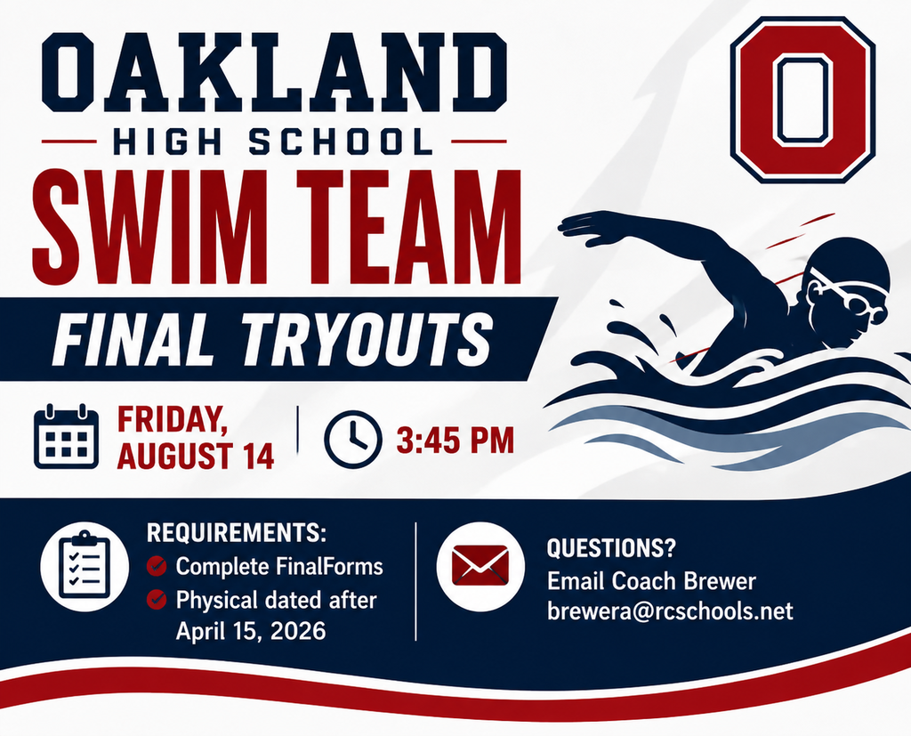 An advertisement for Oakland High School's swim team final tryouts. It lists date, time, and requirements. An illustration of a swimmer is included.