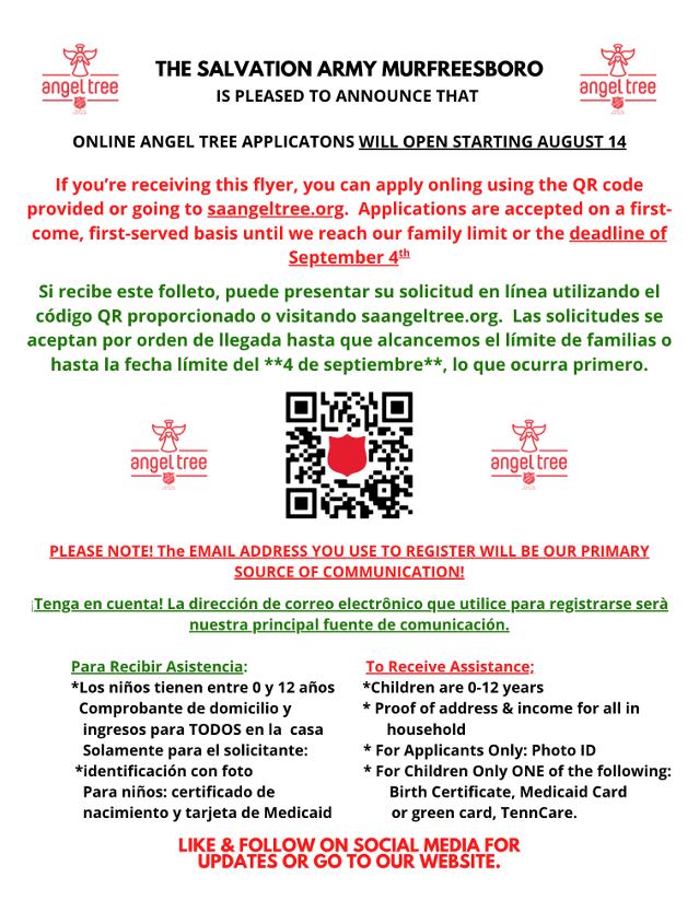 A flyer for Salvation Army Murfreesboro, offering online application for Angel Tree assistance starting August 14. QR code to access the application. English and Spanish text.