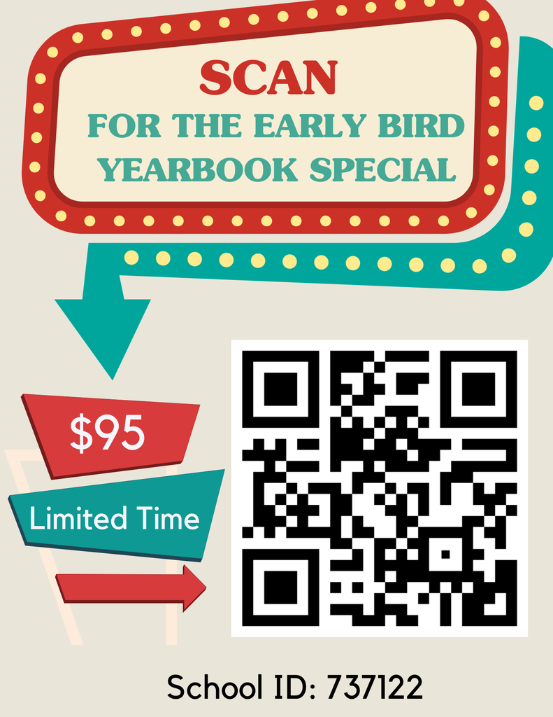 A promotional banner for a yearbook special. A QR code and school ID are displayed. The price is $95.
