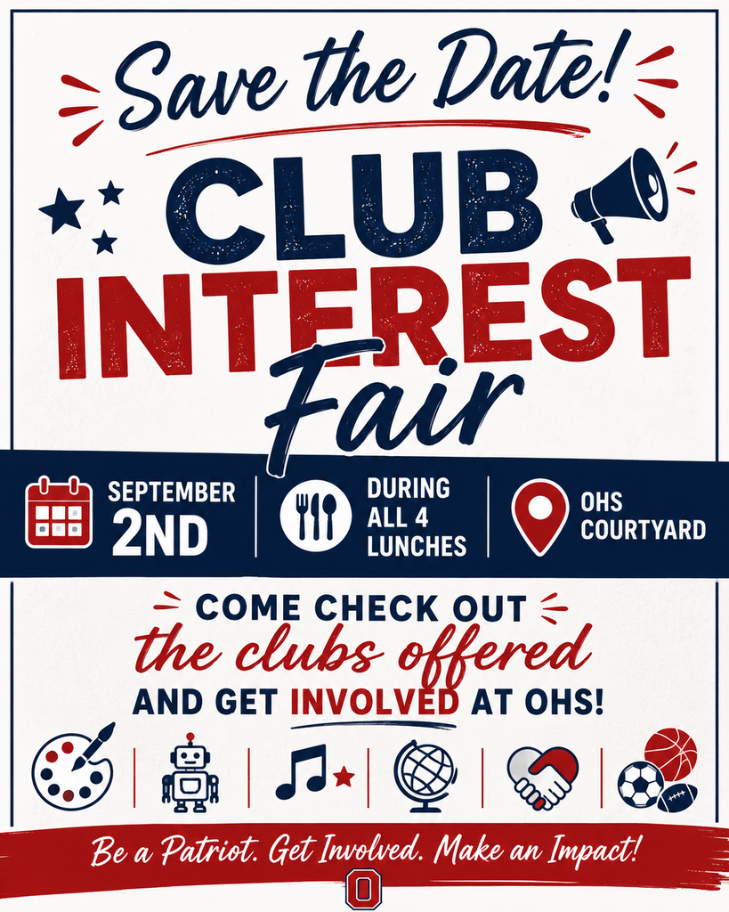 Event poster for Club Interest Fair, including date, time, and location. Icons show activities, food, and club engagement.