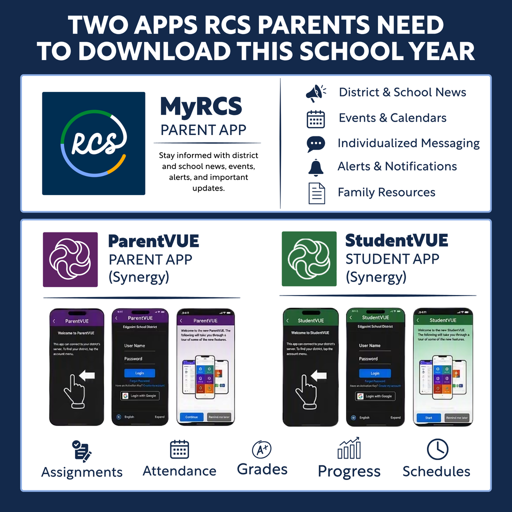 Blue background with text and icons for two apps. Text reads: "Two apps RCS parents need to download this school year."