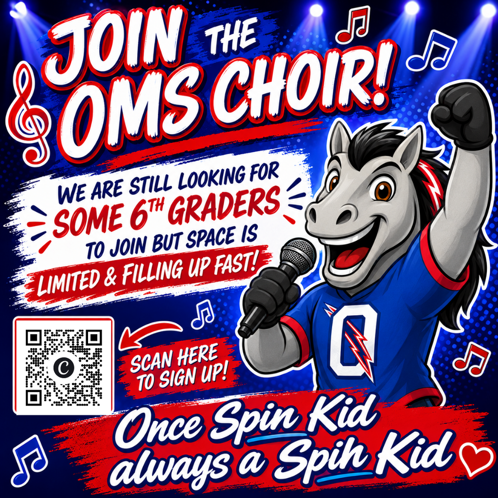 An animated horse in a blue shirt holds a microphone while raising both fists. Text reads "Join the OMS choir!".