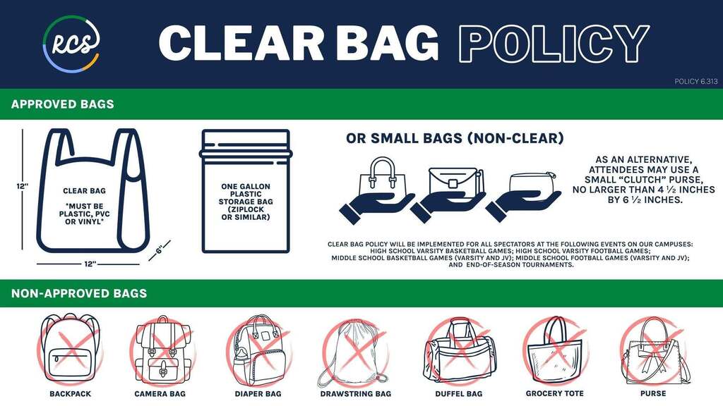 A poster detailing Clear Bag Policy with icons for approved and non-approved bags. Approved bags include a clear bag.
