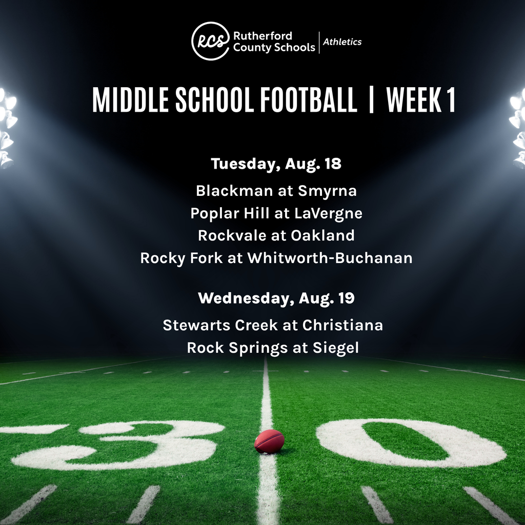 A football field with a ball on the 30-yard line. Schedule reads "Middle School Football | Week 1."