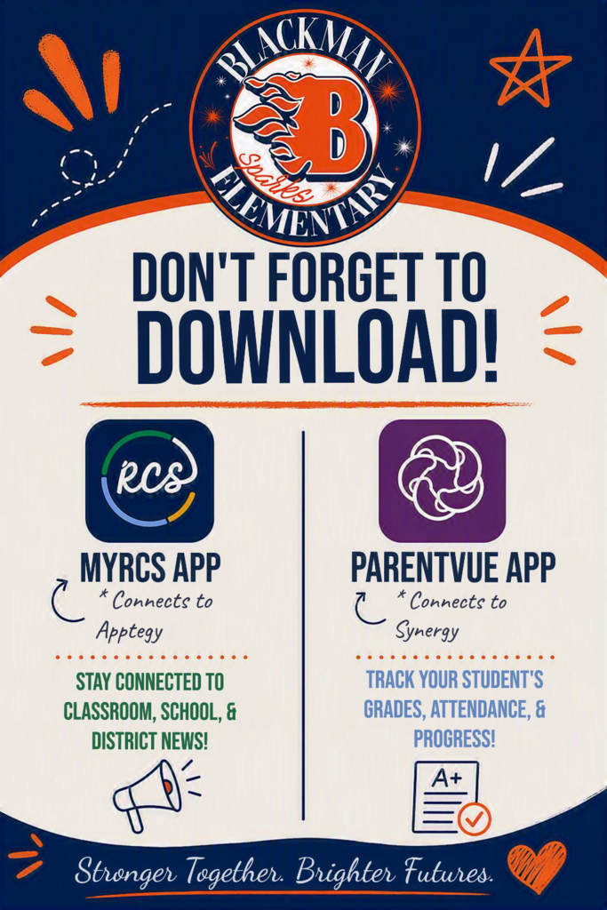 Blue and white poster with "Blackmail Elementary" logo, two app icons, and descriptions for "MYRCS App" and "PARENTVUE App".