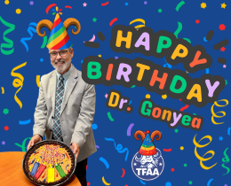 A man in a suit holds a birthday plate. Confetti is scattered across the background. Words say "Happy Birthday Dr. Gonyea".