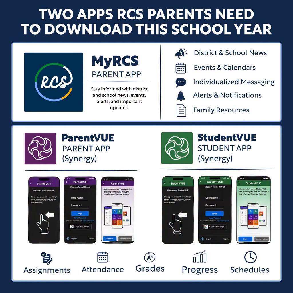 A poster displays two mobile apps parents need to download, including MyRCS for news and StudentVUE for school information.