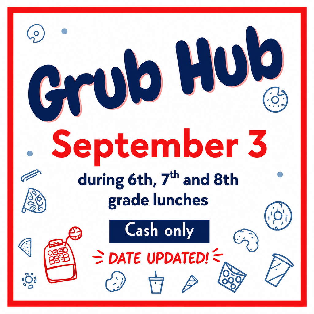 A red and white poster announces Grub Hub on September 3, cash only, with food icons.