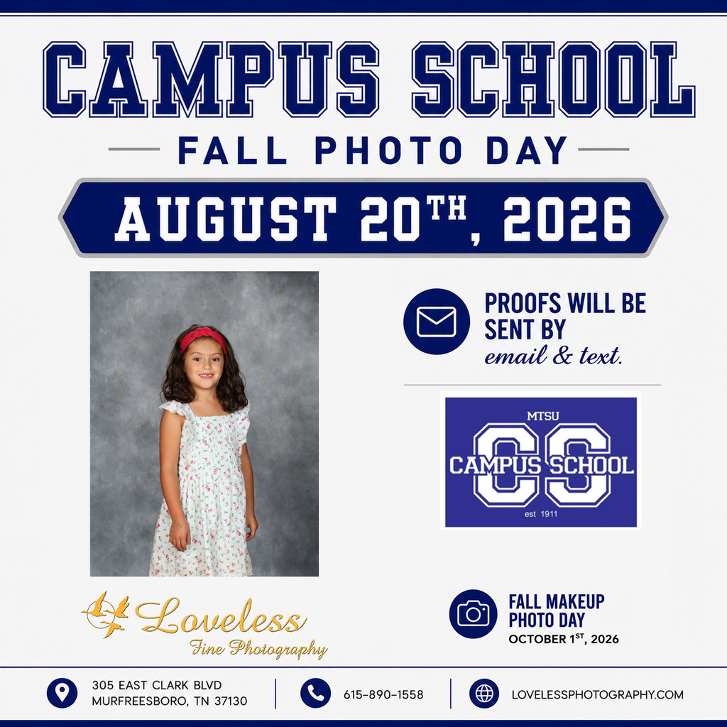 A flyer for Campus School Fall Photo Day on August 20, 2026. It features a photo of a girl, and the text includes details about email and text proofs.