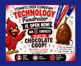 An advertisement with a blue background features a red bird pointing to a chocolate egg and text reading "Add 5 Contacts to Get the Chocolate Coop!"