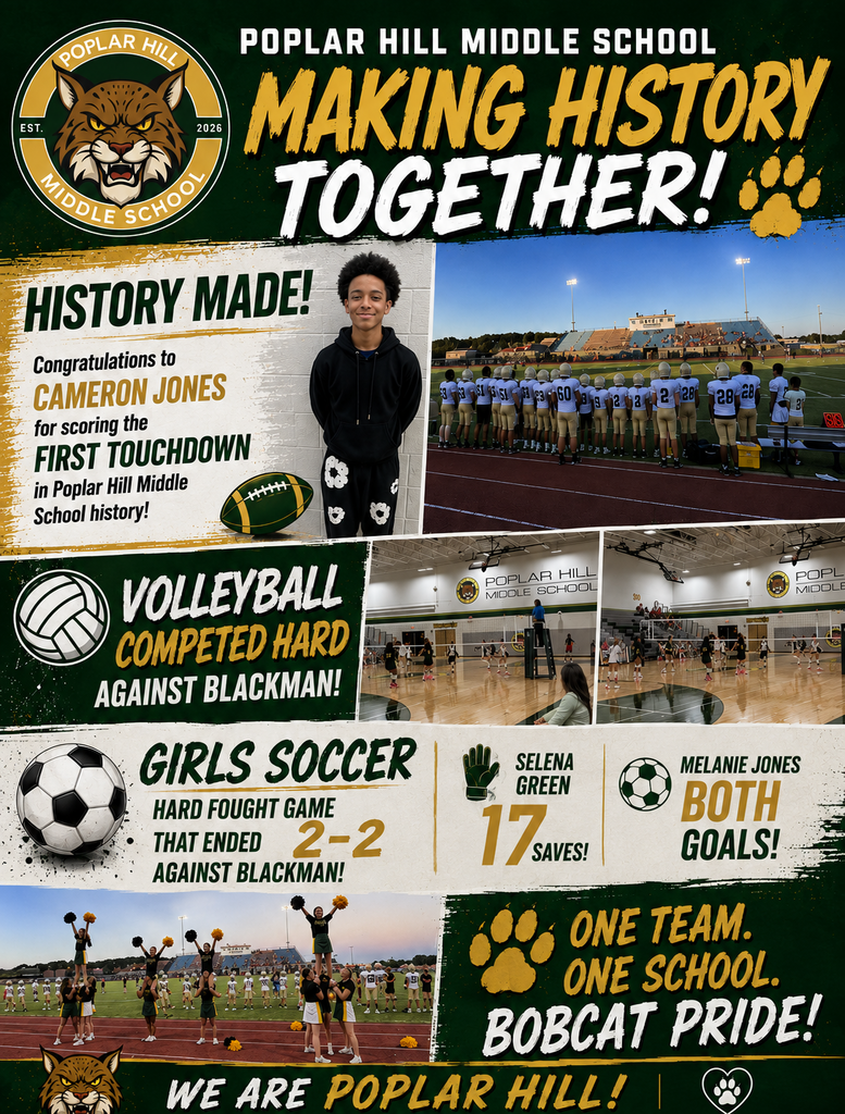 A collage of sports moments from Popular Hill Middle School. It shows a player scoring a touchdown, volleyball, and soccer games.