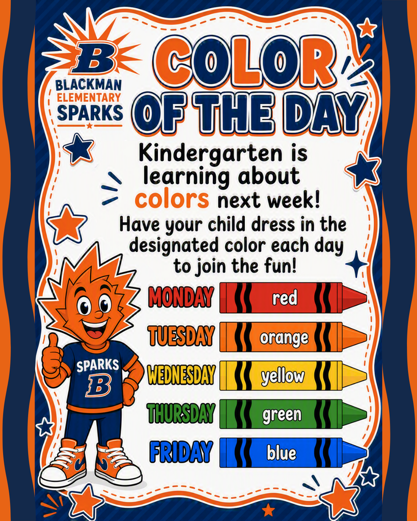 A bulletin board with stars and a cartoon character in blue, red, and orange. Text reads "Color of the Day" and includes colors and days.