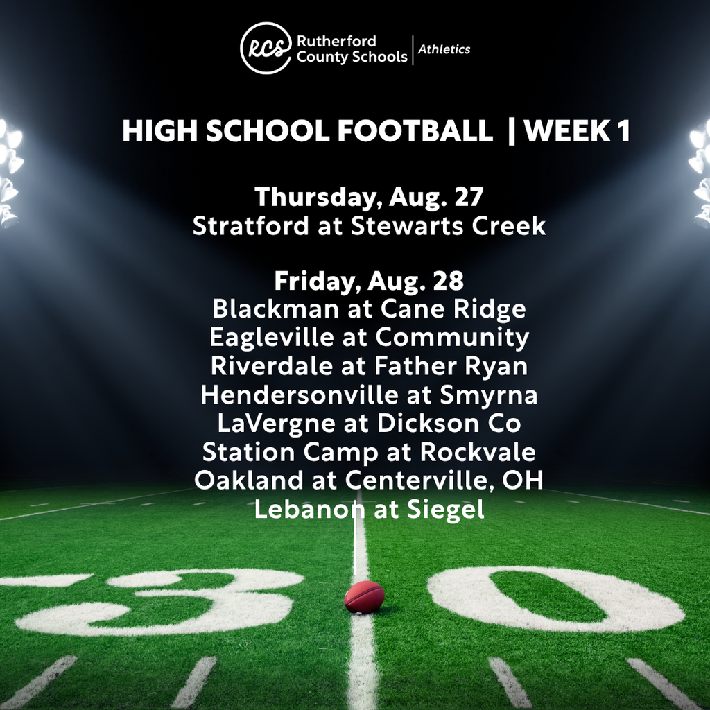 Football field with yard markers and a red ball. Text provides details for high school football week one games.