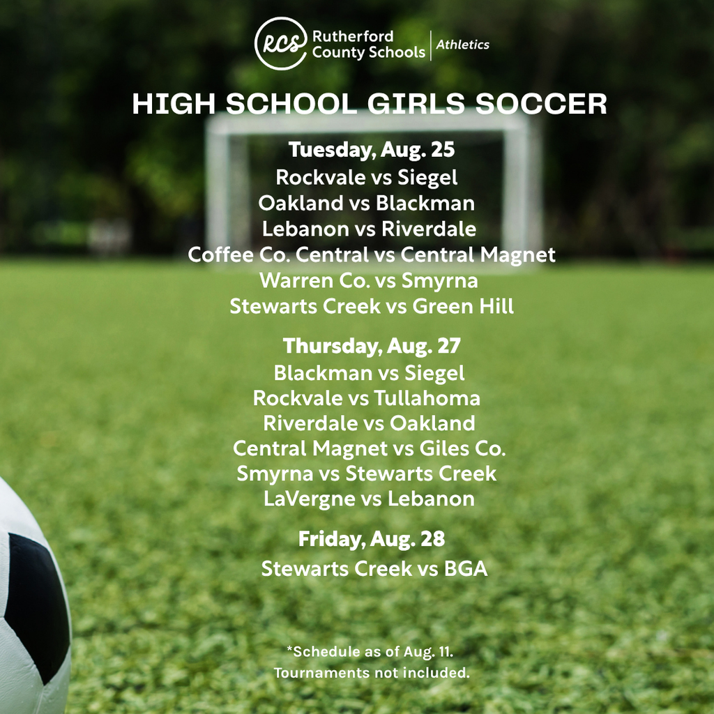 A soccer field with a match schedule displayed. Matches span Tuesday to Friday, August 25-28.