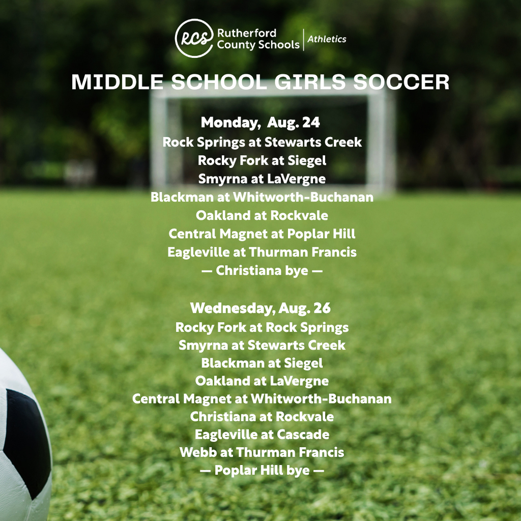 A soccer ball rests on a grass field. Text on the graphic reads "Middle School Girls Soccer" and provides a schedule.