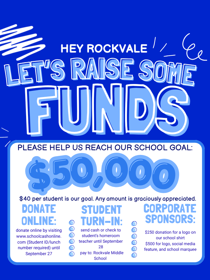 Blue poster with white text. Header reads "Let's Raise Some Funds." Below it, "Please help us reach our school goal: $50,000." Donation options include online, turn-in, and corporate sponsors.