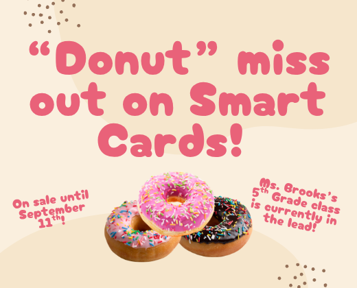 Advertisement for Smart Cards features three donuts: one pink with sprinkles, one chocolate, and one glazed. Text reads, "Donut miss out on Smart Cards!"