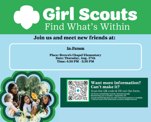 Green poster with "Girl Scouts Find What's Within" and a cloud icon. Details for an in-person event on August 27th. QR code and contact info below.