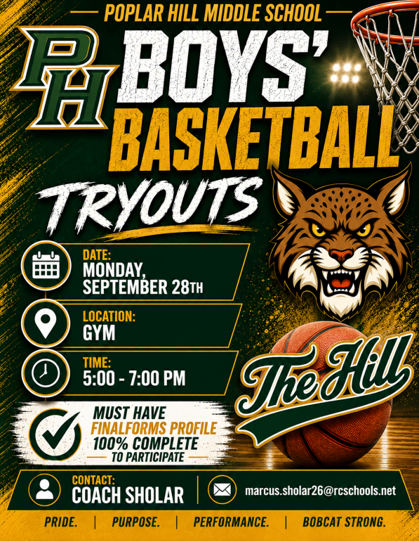 An advertisement for Poplar Hill Middle School boys' basketball tryouts. Features a cat and basketball.