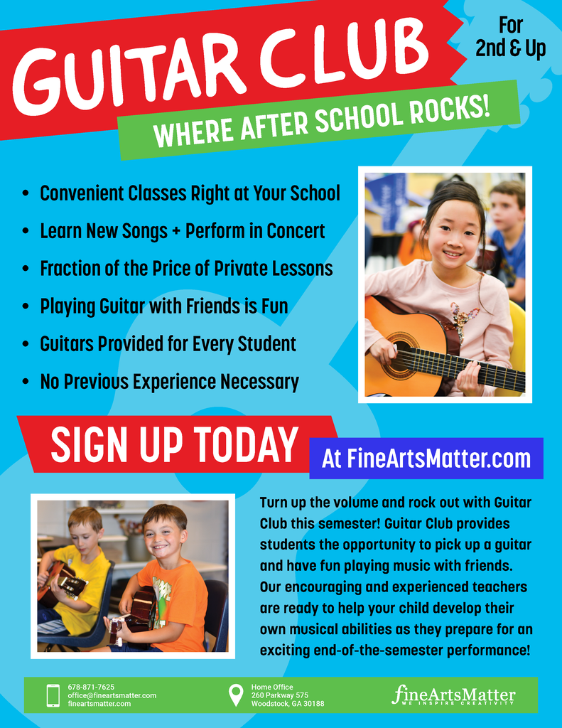 A flyer for Guitar Club invites children ages 2 and up. It highlights convenience, learning new songs, and performing. It shows children playing guitars.