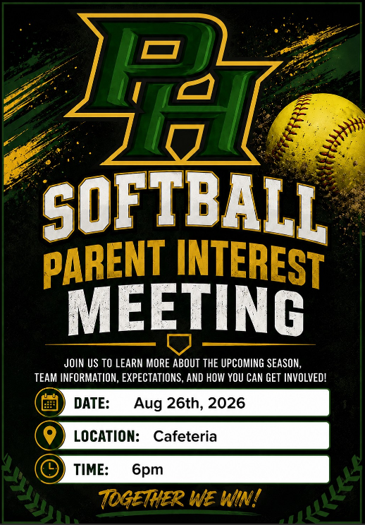 Black poster for a softball parent interest meeting. It features a yellow softball ball, with text in white and green.
