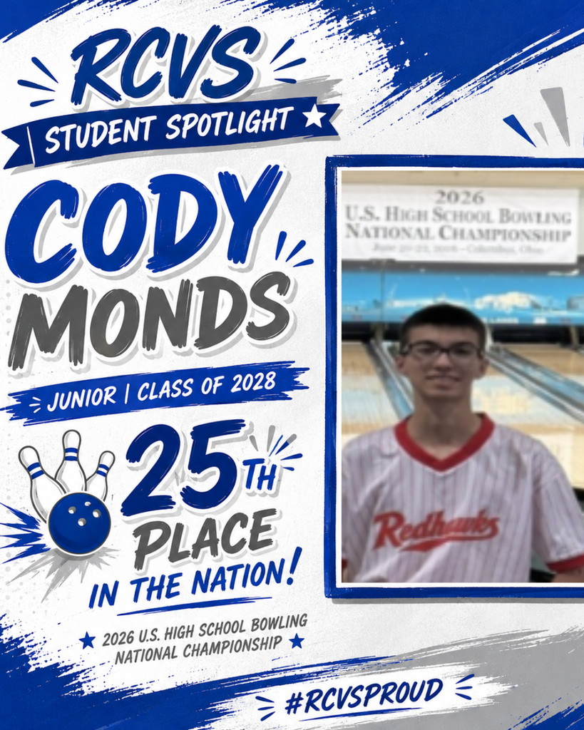 Blue and white poster with a student spotlight. It features a photo of a male student wearing glasses and a baseball uniform.