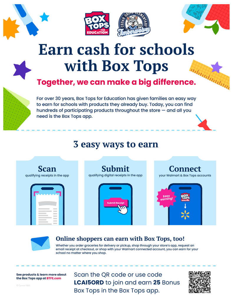 Poster with text "Earn cash for schools with Box Tops" and three icons. Icons say "Scan", "Submit", and "Connect".