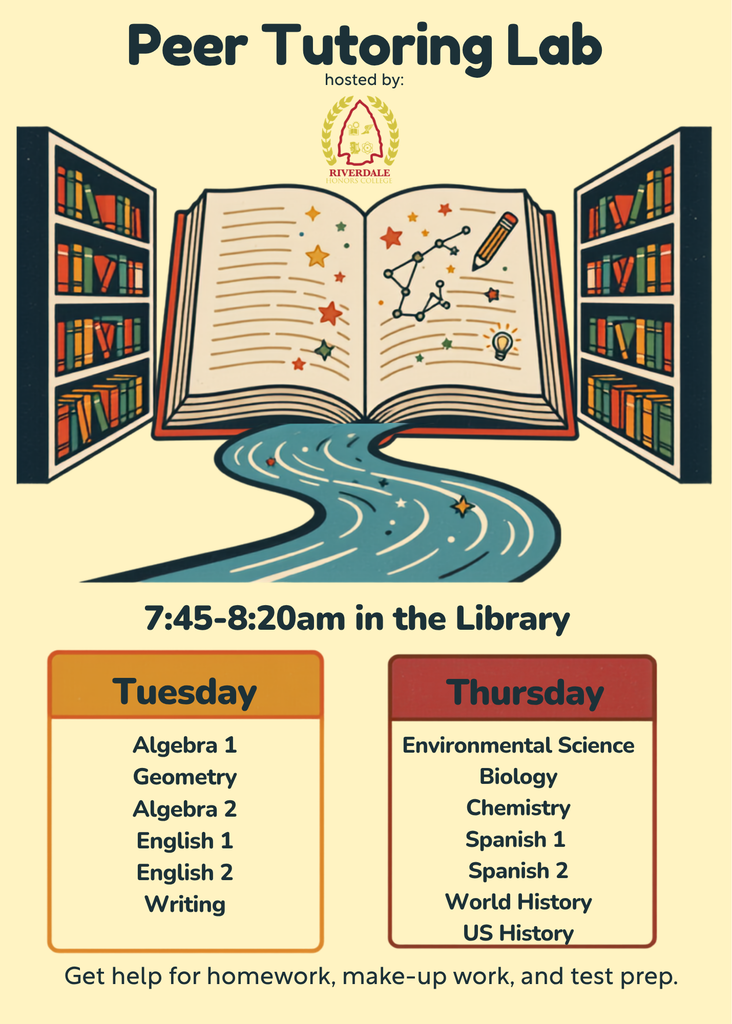 A poster for the Peer Tutoring Lab, featuring an open book, pencil, and library shelves. Subjects include algebra, geometry, English, and more. Time: 7:45-8:20am.