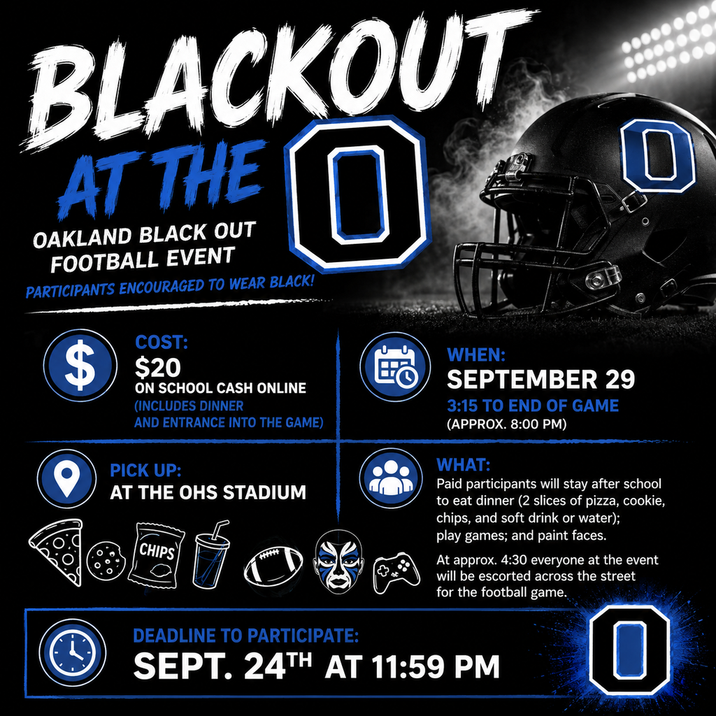 A poster for the Blackout at the O football event. Details include date, time, cost, location, and what's included.