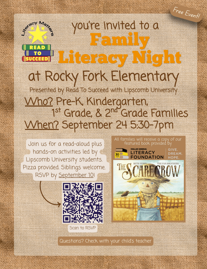 An invitation for a Family Literacy Night event. Features a QR code, an invitation for Pre-K, Kindergarten, Grade 1, and Grade 2 families.