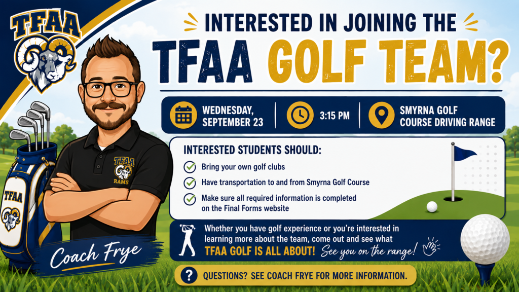 Flyer with man standing on a golf course. He wears glasses and holds a club. Text reads "Interested in Joining the TFAA Golf Team?"