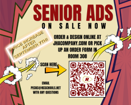 Advertisement poster for Senior Ads with a QR code and instructions to scan, design online, or pick up an order form from room 308.