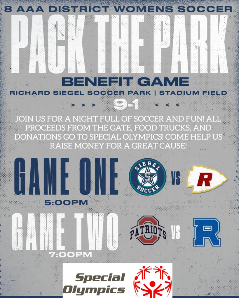 An event flyer for a women's soccer benefit game. The text reads "Pack the Park" and "Benefit Game" with team names and game times.