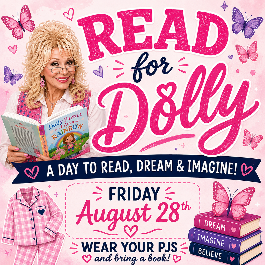 Poster with pink background. Woman holds book. Text: "Read for Dolly" with "Friday August 28th" and "Wear your PJs and bring a book!" Pink butterflies and books.