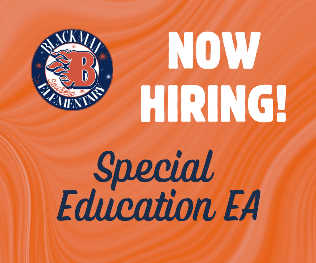 Orange background with text reading "Now Hiring! Special Education EA" and a circular logo with the letter B.