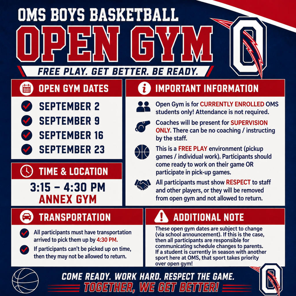 Poster showing open gym dates and times for boys basketball. Dates include September 2, 9, 16, and 23.