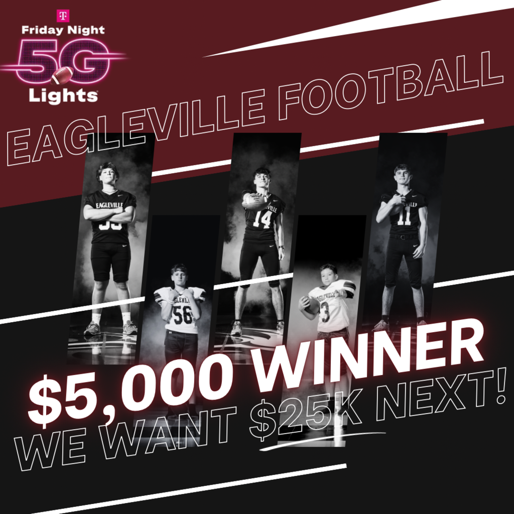 Advertisement for a football event shows four athletes in black and white. It reads "$5,000 Winner" and "We Want $25K Next!"
