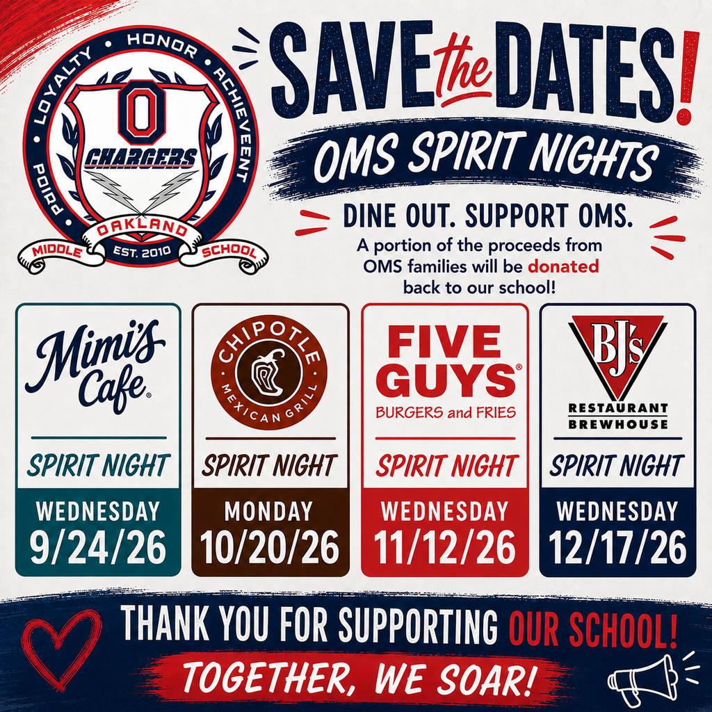 Promotional poster for spirit nights at OMS. Features logos for Mimi's Cafe, Chipotle, Five Guys, and BJ's. Dates listed.