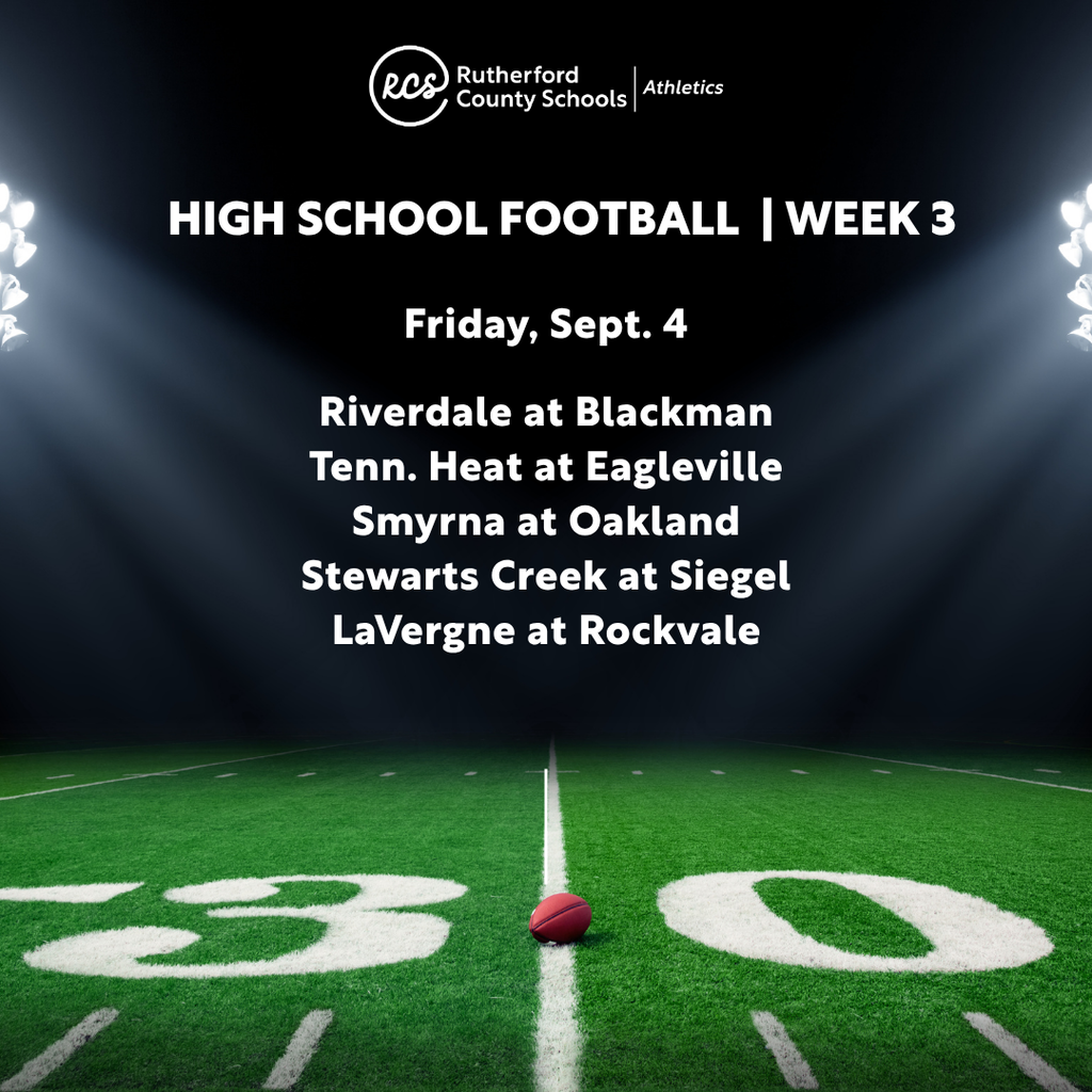 Football field with a red ball at 30-yard line. "High School Football | Week 3" text above with Friday, Sept. 4 date.